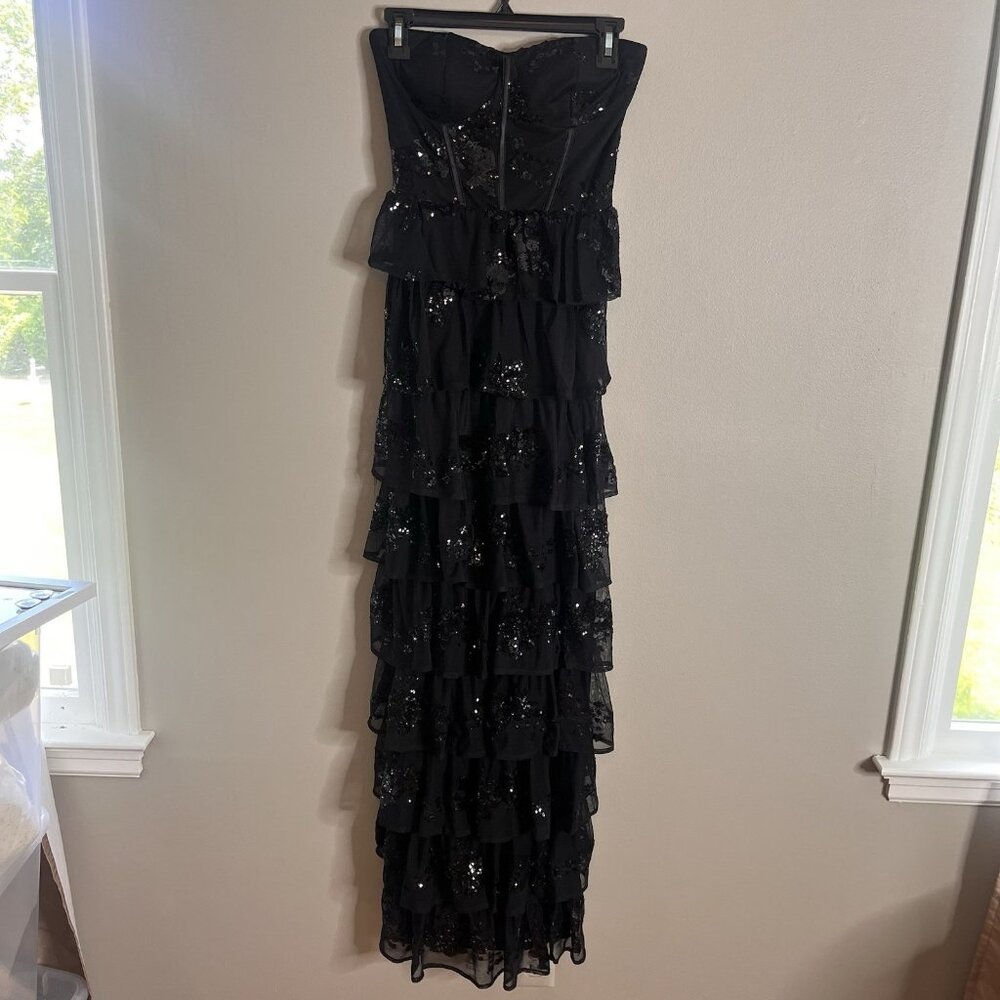 Lulu's Size Medium Definite Glamour Black Tiered Ruffle Sequin Maxi Dress